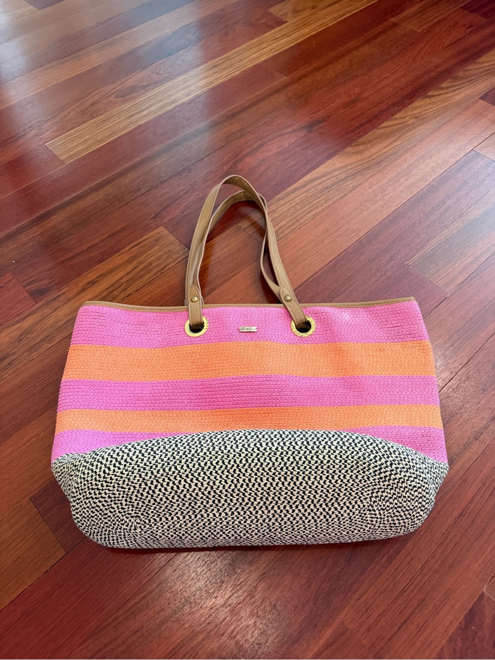 Striped Pink & Orange Tote from Sun and Sand with Black-White Woven Base